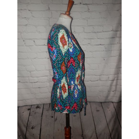 Maeve Top Drop Waist Drawstring Top 2 Blue Green Pink Geometric Blouse Pleated - Picture 3 of 5